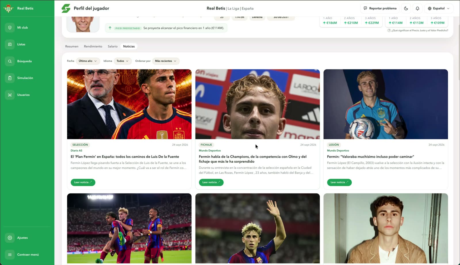 Feed de noticias del jugador agrupadas por categoría